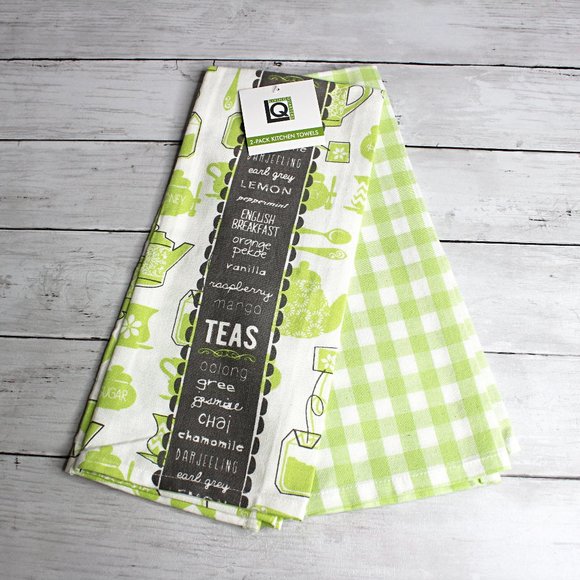 Living Quarters Kitchen Towel Set Green White Tea Pots 100% Cotton - Picture 1 of 6